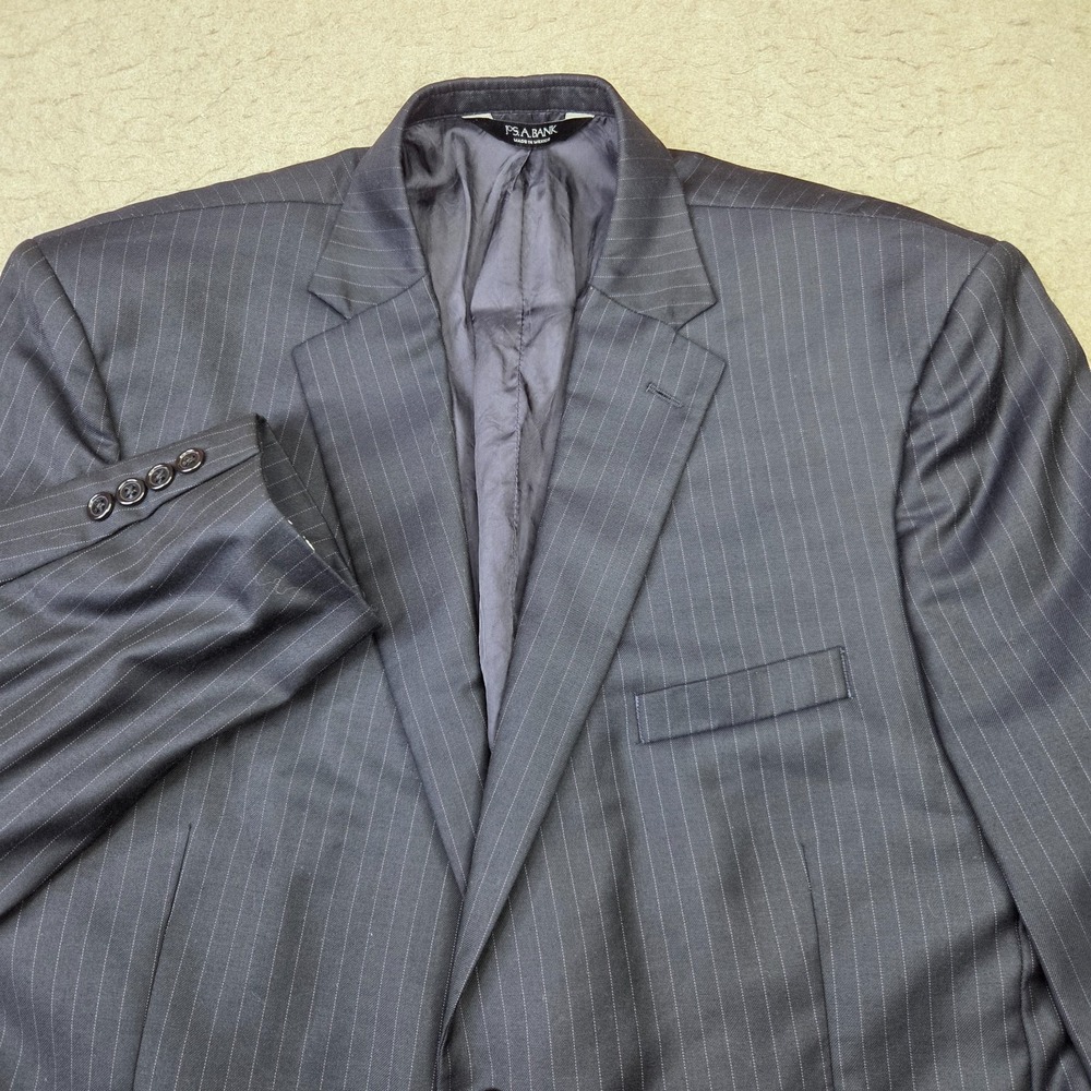 Jos A Bank Signature Suit Jacket Mens 46R Black Pinstripe 100% Wool 2 Button